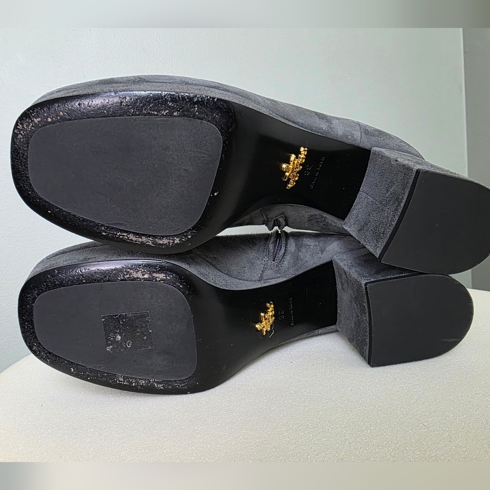 PRADA Grey Suede Platform Retro Block Chunky Heel Ankle Bootie Round Toe 38 - Picture 6 of 14